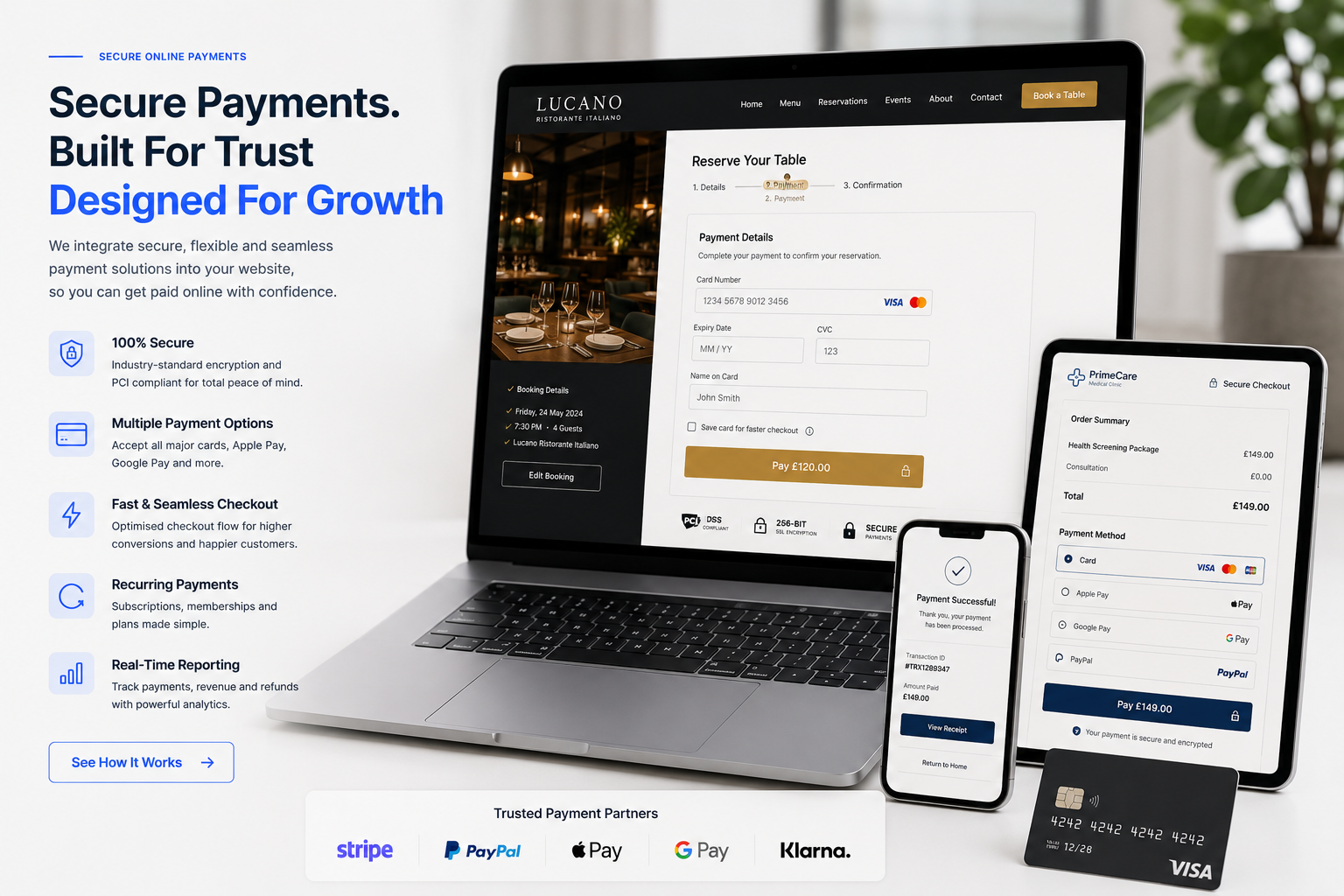 Secure checkout, payment form, confirmation and trusted payment methods