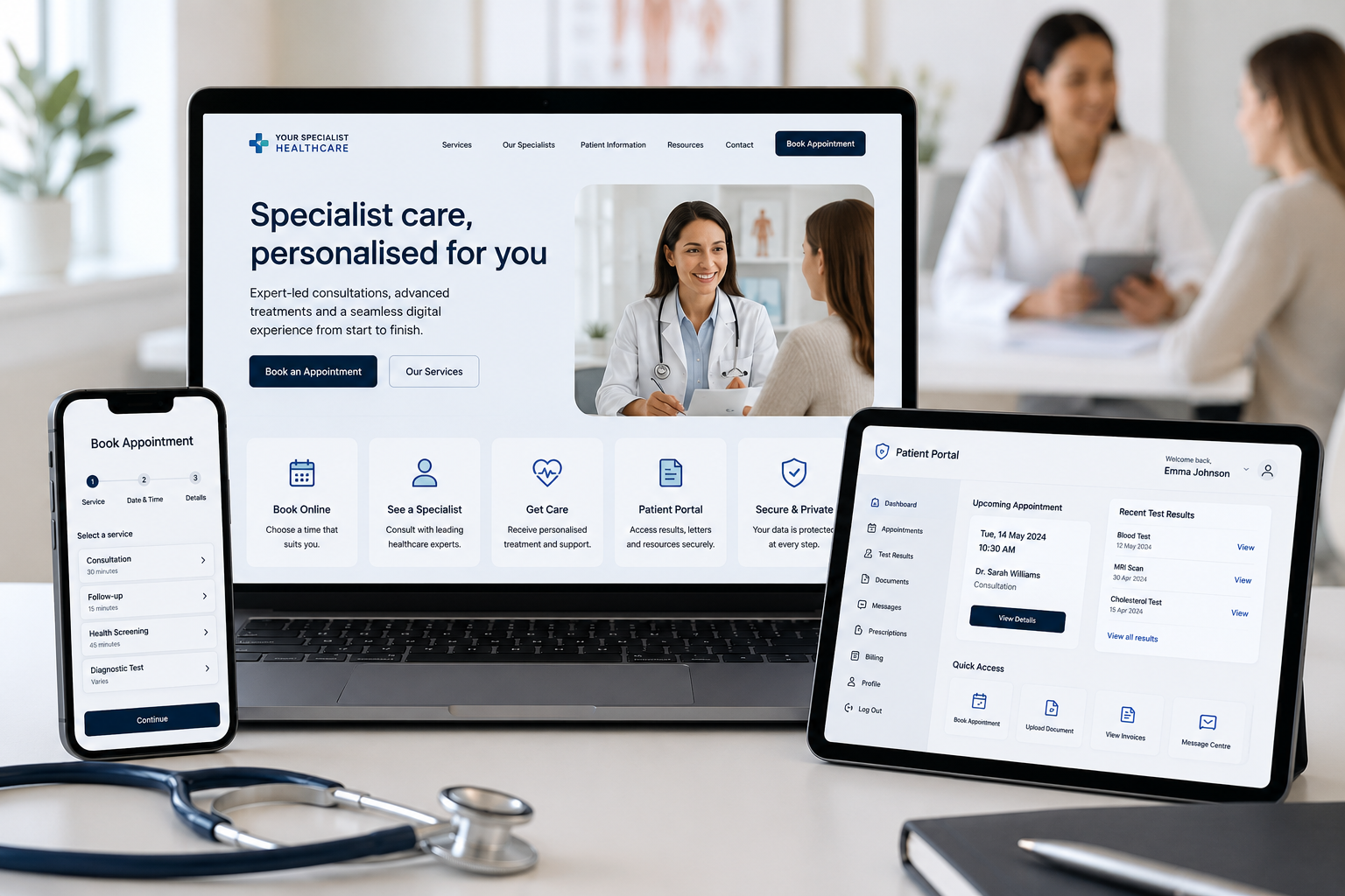 Illustrative responsive healthcare website interfaces